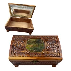 Vintage Ceader Jewelry Box Countryside Lake Trees Scene With Mirror In Lid